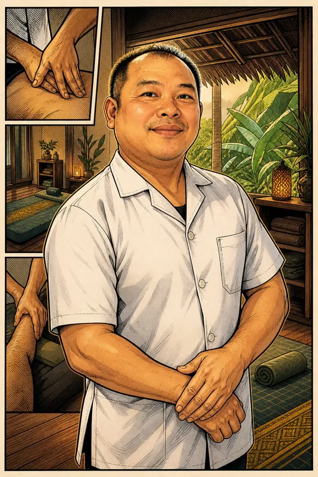 Illustrated portrait of Vuth, medical massage therapist on Koh Phangan